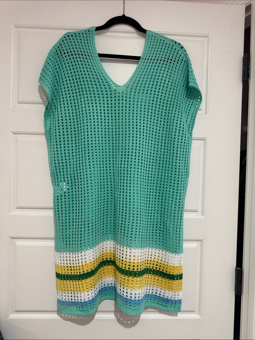 Aqua Crochet Knit V-Neck Coverup with Colorblock Stripes